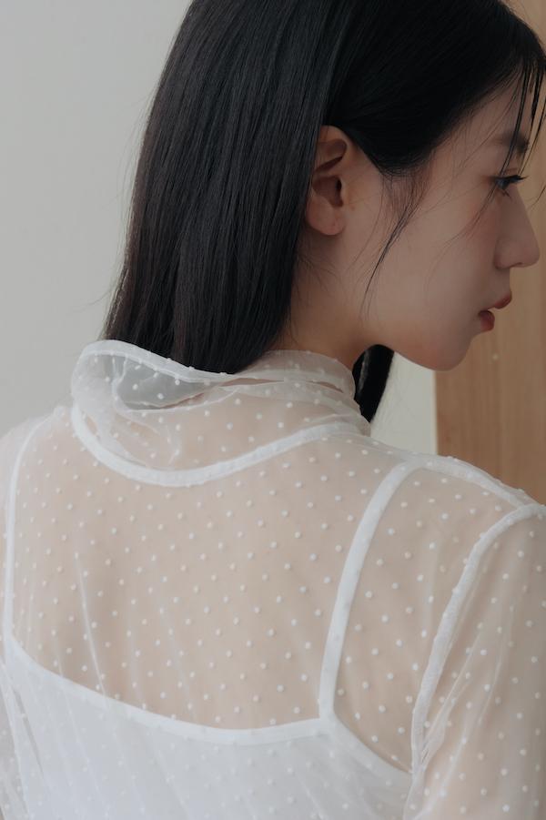 波點透膚感綁帶上衣(白) 