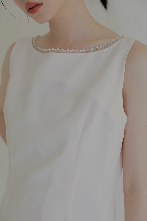 珍珠船型領無袖小洋裝(白) 