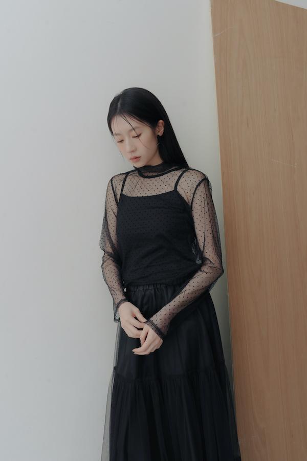 波點透膚感綁帶上衣(黑) 