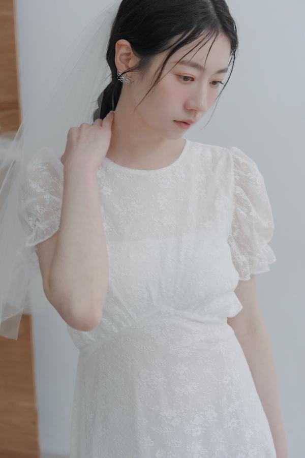 春日小花刺繡長洋裝(白) 