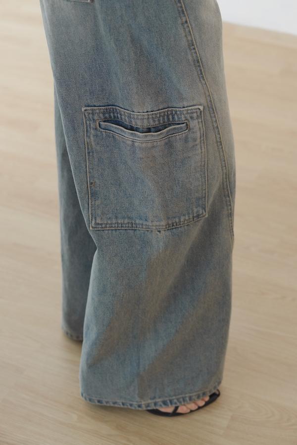 快閃-仿舊水洗落地牛仔寬褲(藍) 