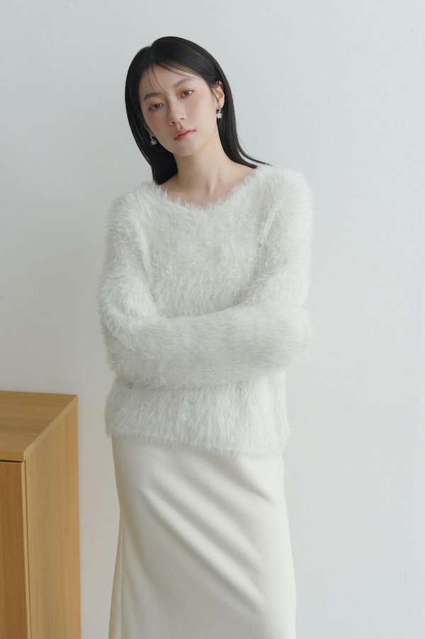 水鑽珍珠閃亮毛毛上衣(白) 