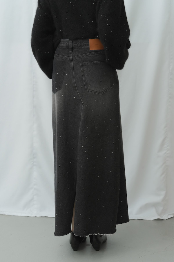 小水鑽開衩牛仔長裙(深藍) 