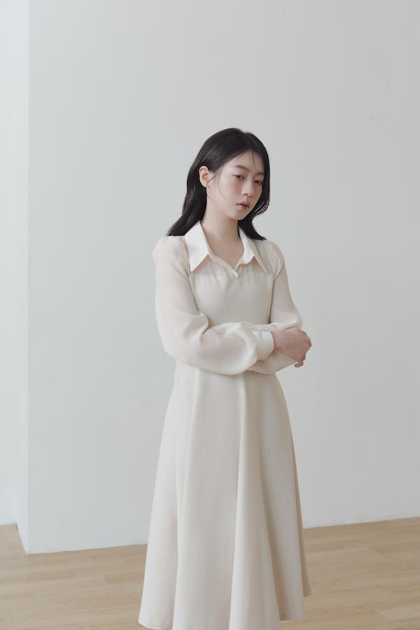 快閃-襯衫領微透肌長洋裝(杏) 