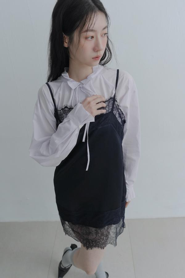 法國蕾絲肩帶緞面裙(黑) 