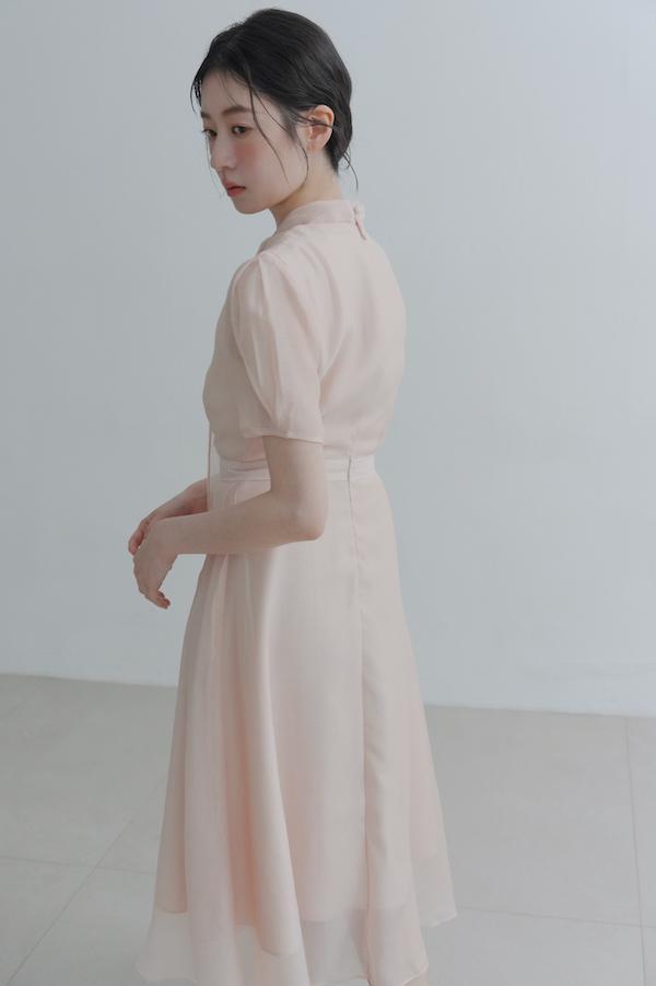 領巾小包袖天絲洋裝(淺粉) 