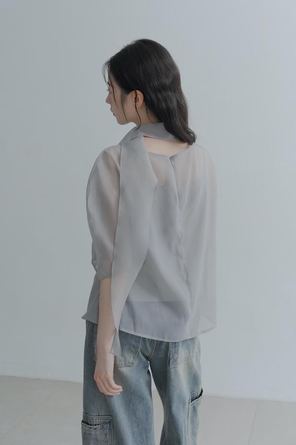透肌彎弧袖韓系上衣(灰) 