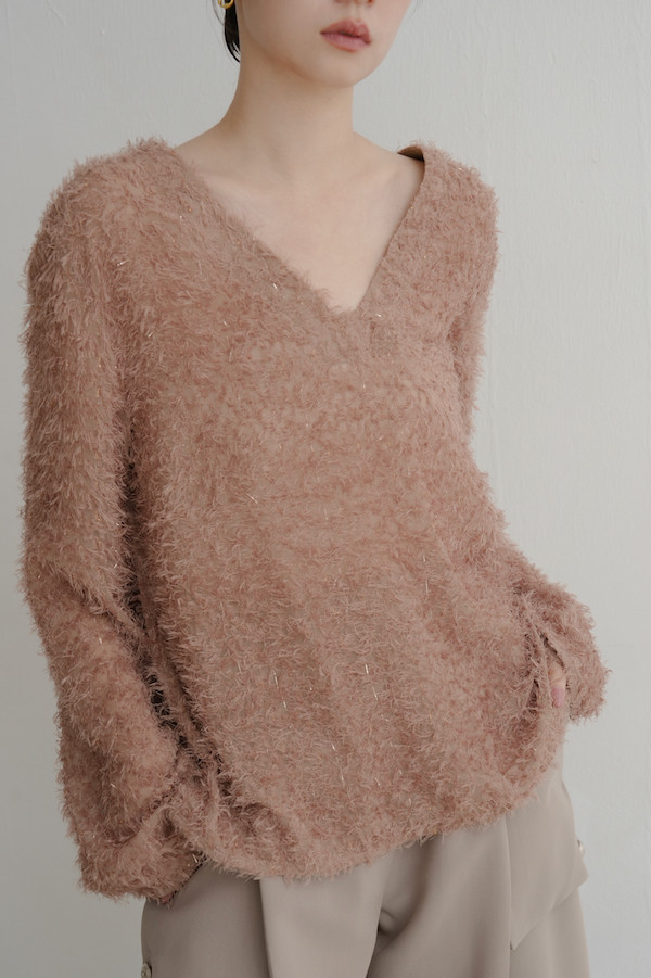 Ｖ領亮亮毛毛上衣(橘咖) 