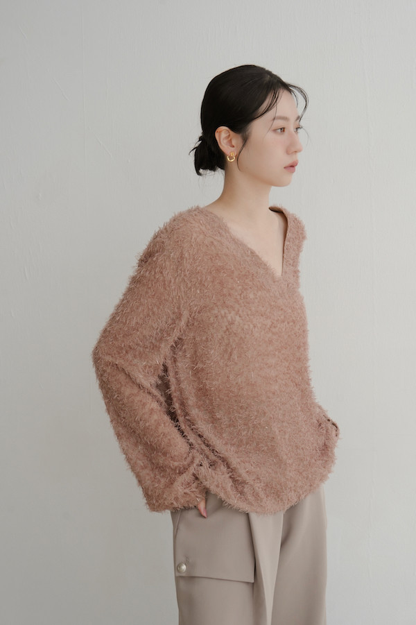 Ｖ領亮亮毛毛上衣(橘咖) 