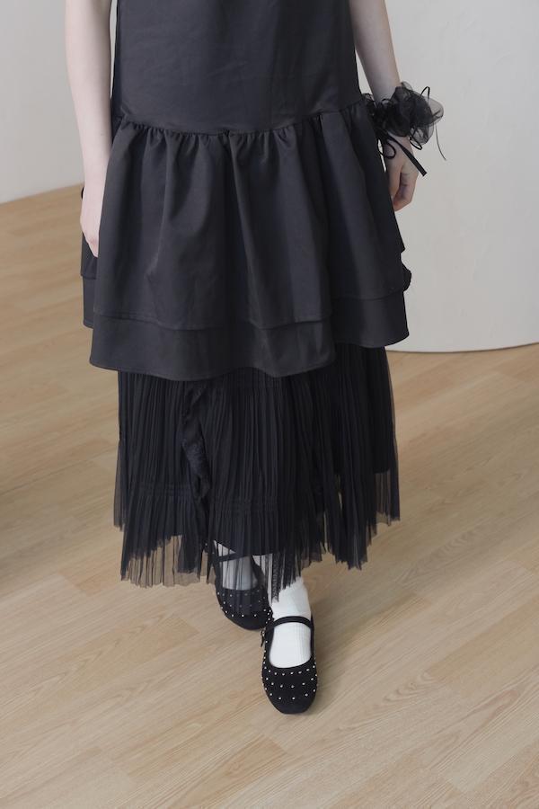 快閃-細百褶紋理蕾絲長裙(黑) 