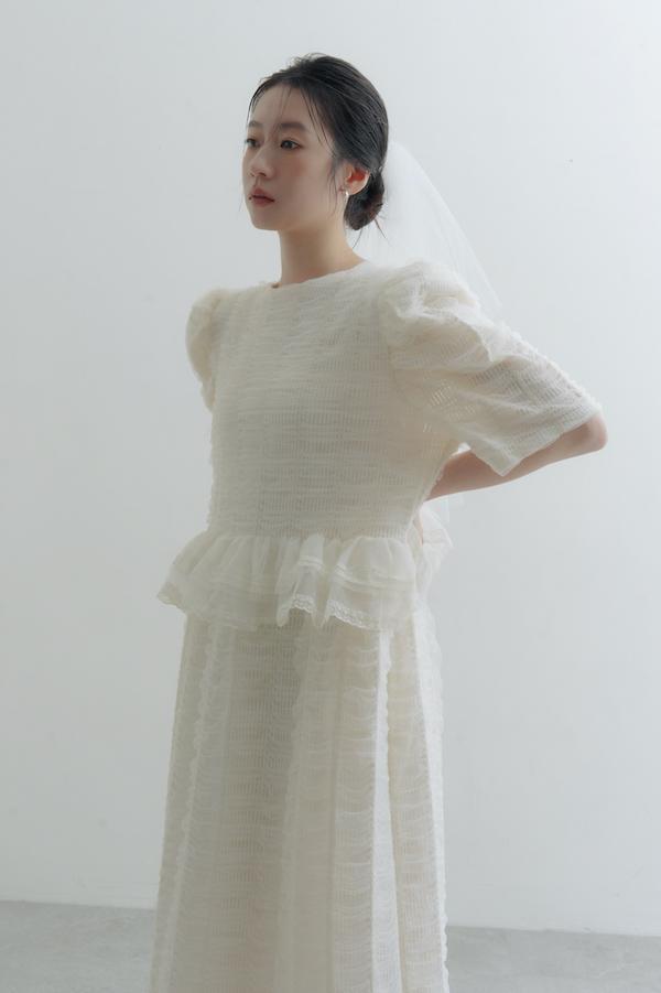 方格紋泡泡五分袖輕婚紗(白) 