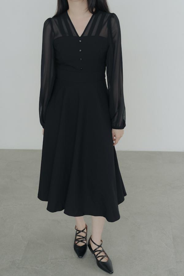 V領雪紡透膚長洋裝(黑) 