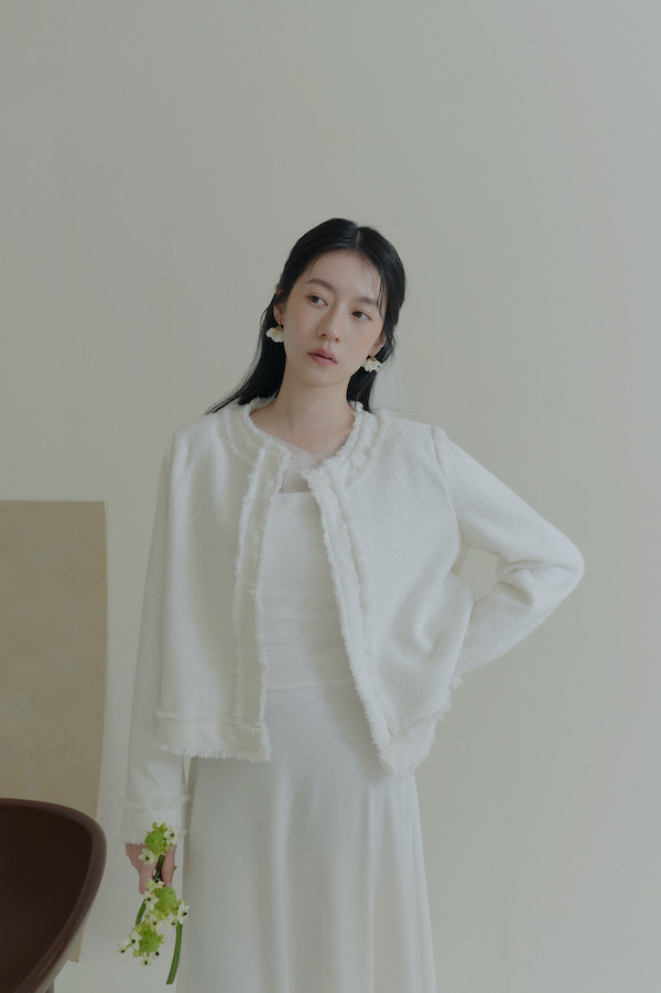 無領毛毛鬚邊外套(白) 