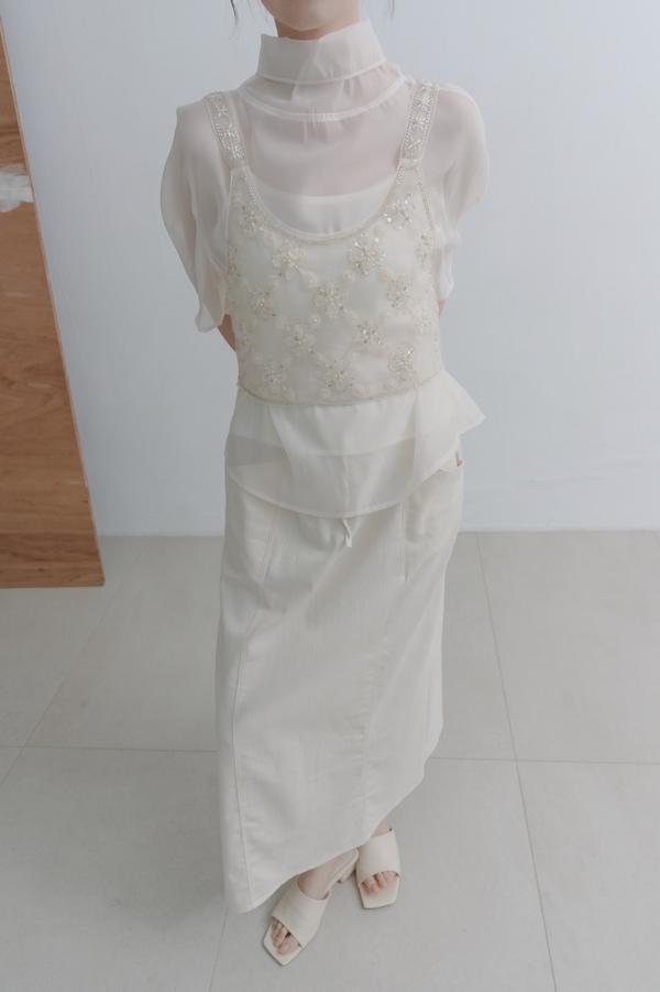 菱形花亮片珠繡背心(米白) 