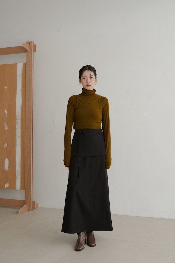 附繫帶假兩件式長裙(黑) 