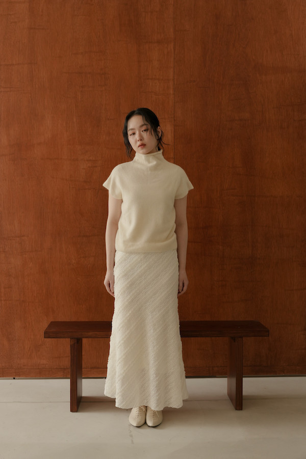 斜紋蕾絲小魚尾長裙(白) 