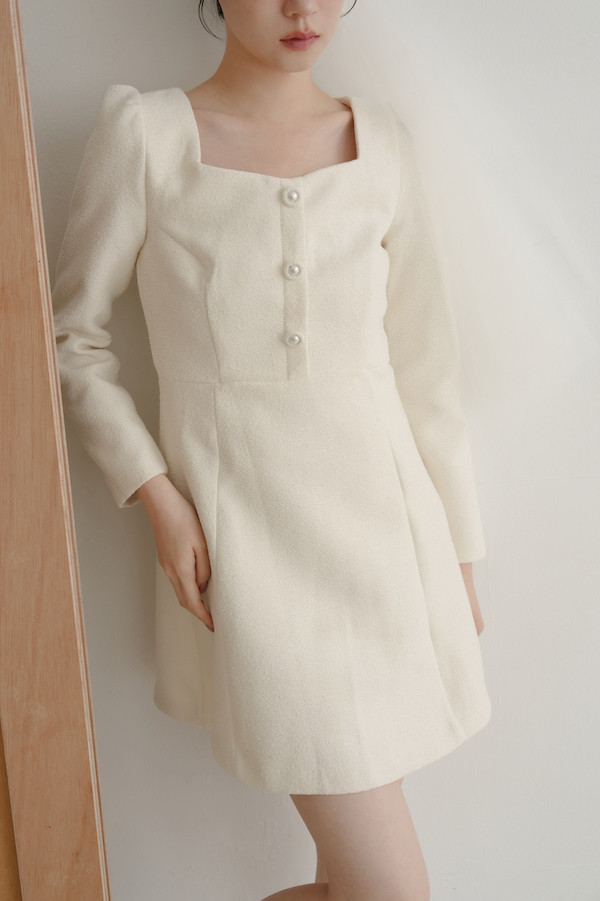 小香風長袖短洋裝(白) 