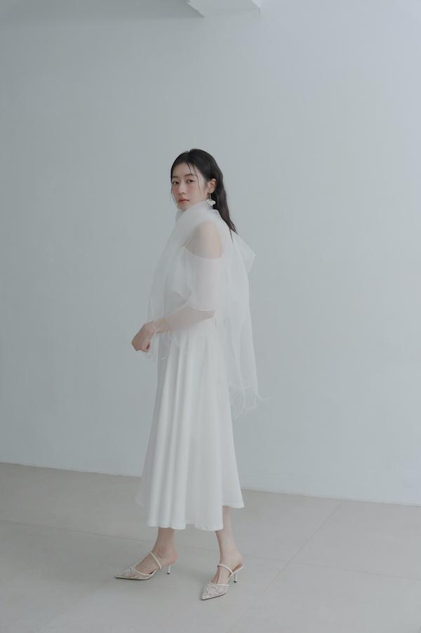 歐根紗毛邊鬚鬚絲巾(白) 