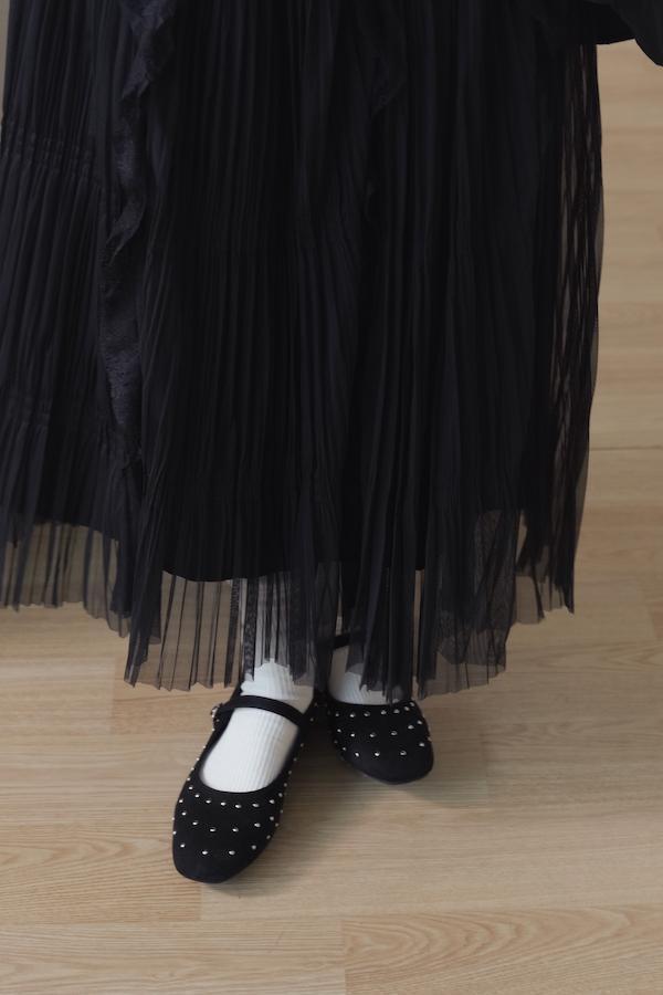 快閃-細百褶紋理蕾絲長裙(黑) 