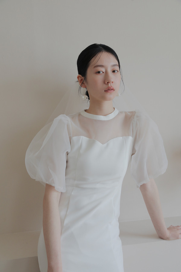 泡泡袖小魚尾輕婚紗(白) 