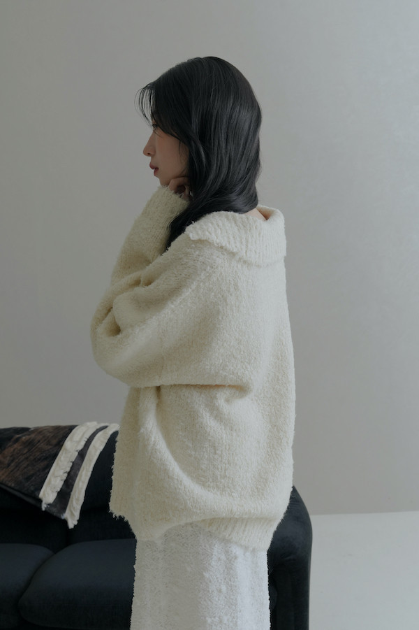 翻領線圈針織上衣(白) 