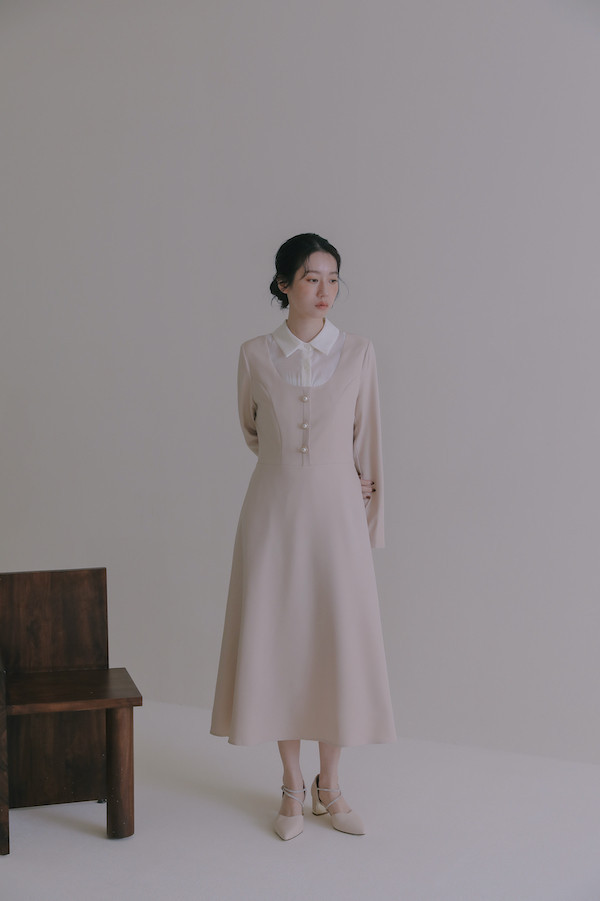 【SALE】假兩件襯衫領洋裝(杏) 