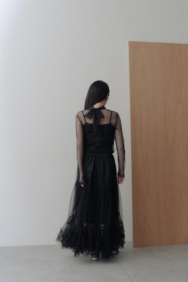 波點透膚感綁帶上衣(黑) 