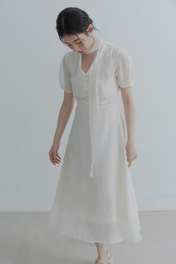 領巾小包袖天絲洋裝(米白) 