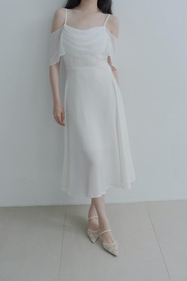 垂領卡肩雪紡洋裝(白) 