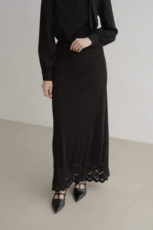 下擺蕾絲彈性長裙(黑) 
