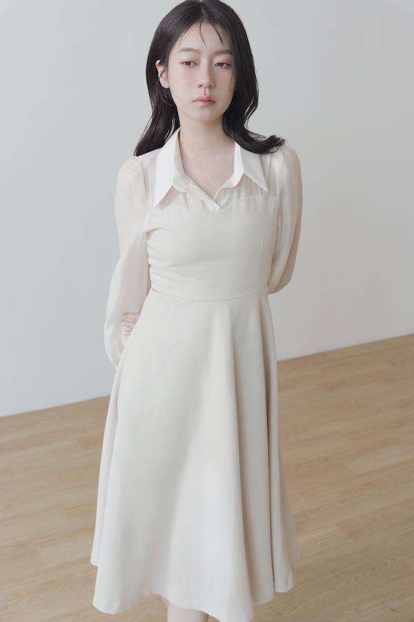 快閃-襯衫領微透肌長洋裝(杏) 