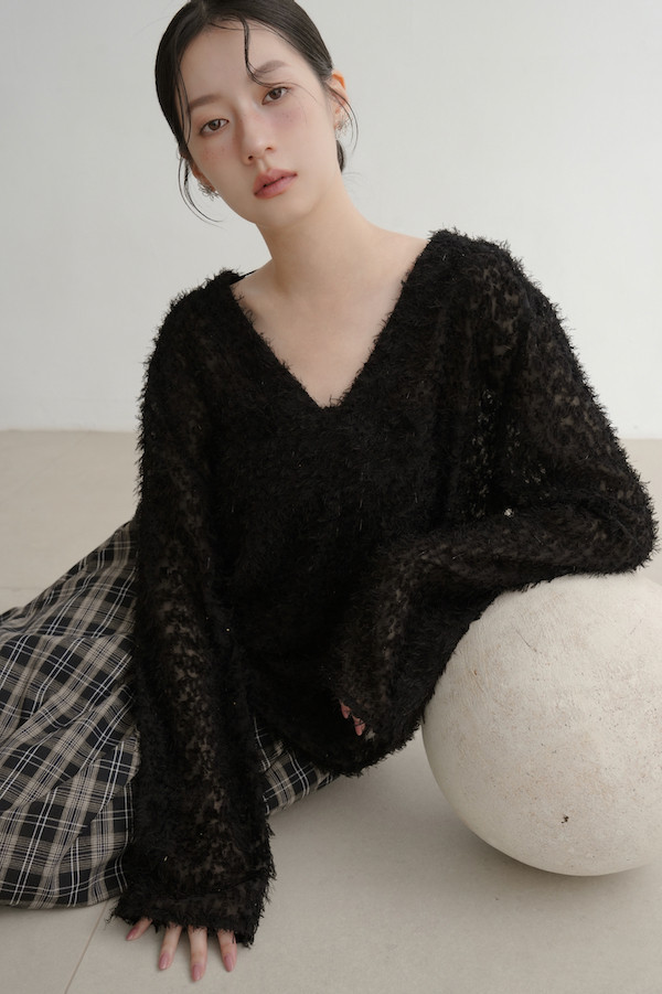 Ｖ領亮亮毛毛上衣(黑) 