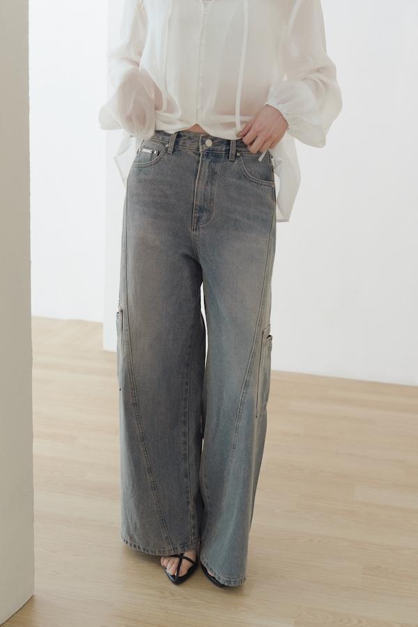 快閃-仿舊水洗落地牛仔寬褲(藍) 