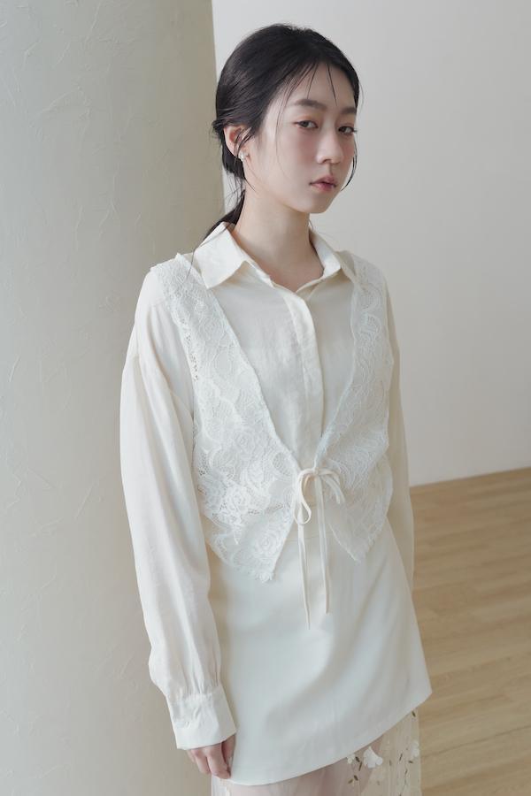 拼接蕾絲背心日感襯衫(米白) 