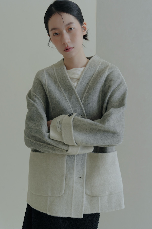漸層大口袋純羊毛大衣(灰) 