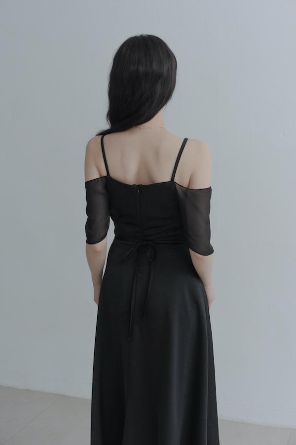 垂領卡肩雪紡洋裝(黑) 