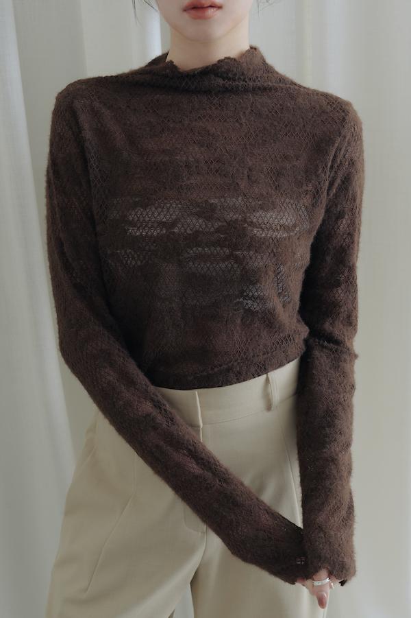 包領花朵蕾絲上衣(深咖) 