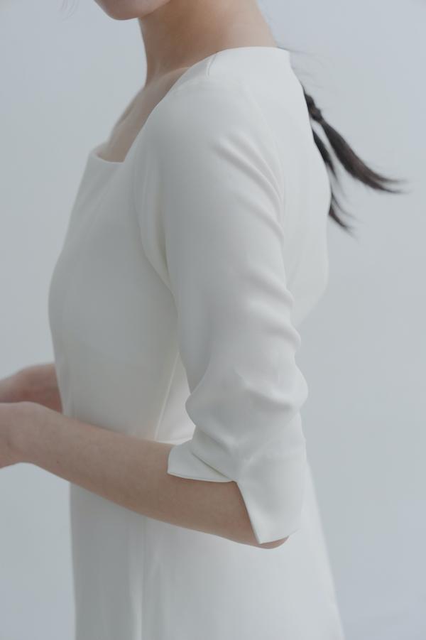 法式方領五分袖輕婚紗(白) 