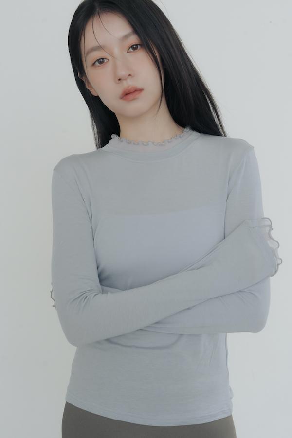 木耳薄紗滾邊天絲上衣(灰藍) 