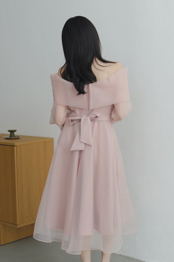 翻領卡肩透紗長洋裝(粉) 