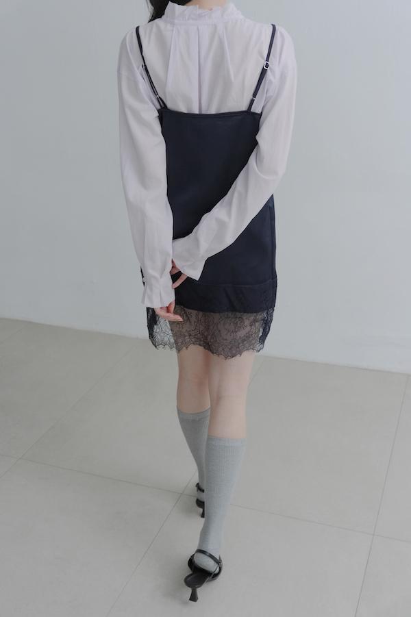 法國蕾絲肩帶緞面裙(黑) 