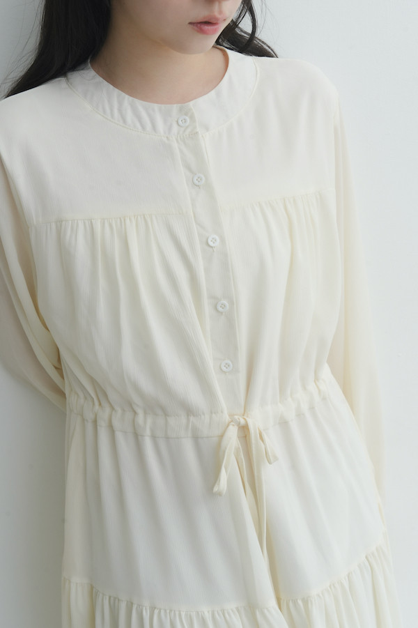 腰部抽繩雪紡長洋裝(米白) 