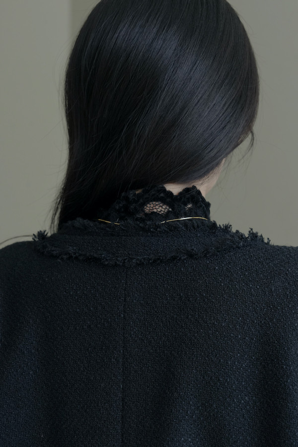 無領毛毛鬚邊外套(黑) 