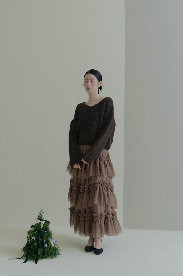 簡約Ｖ領針織落肩上衣(深咖) 