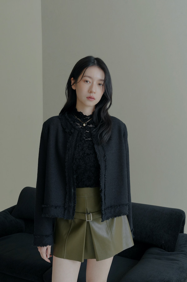 無領毛毛鬚邊外套(黑) 