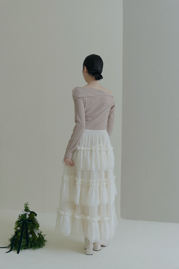 不規則卡肩坑條紋上衣(杏) 