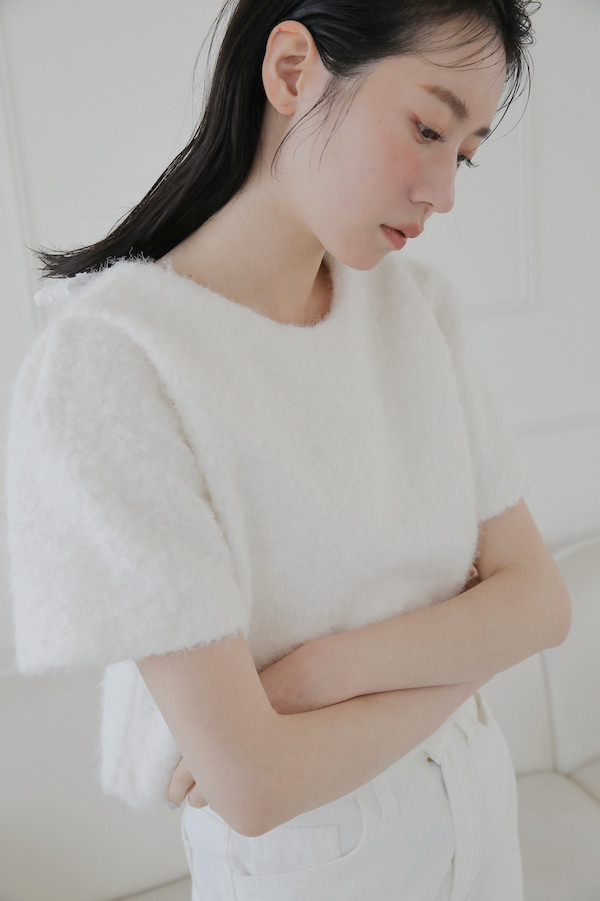 毛絨點點綁帶上衣(白) 