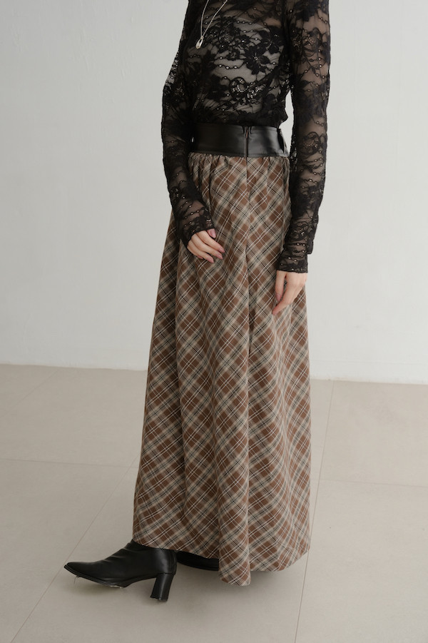 皮革腰封格紋長裙(咖) 