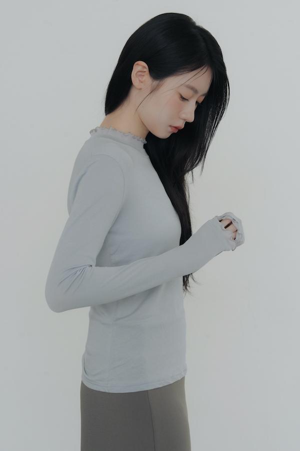 木耳薄紗滾邊天絲上衣(灰藍) 