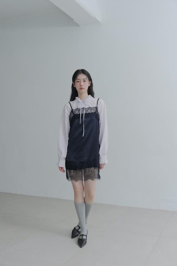 法國蕾絲肩帶緞面裙(黑) 